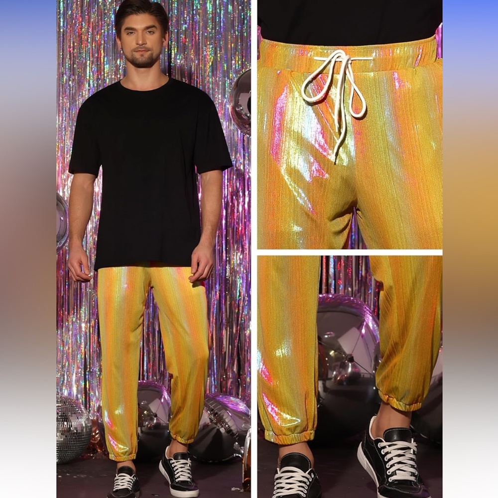 Metallic Pants for Men's Sparkle Rainbow Disco Holographic Pants